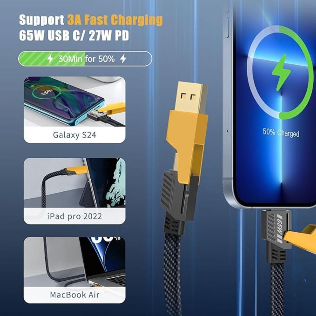 4-in-1 65W Metal Charging Cable | USB-C, Lightning, Type-A
