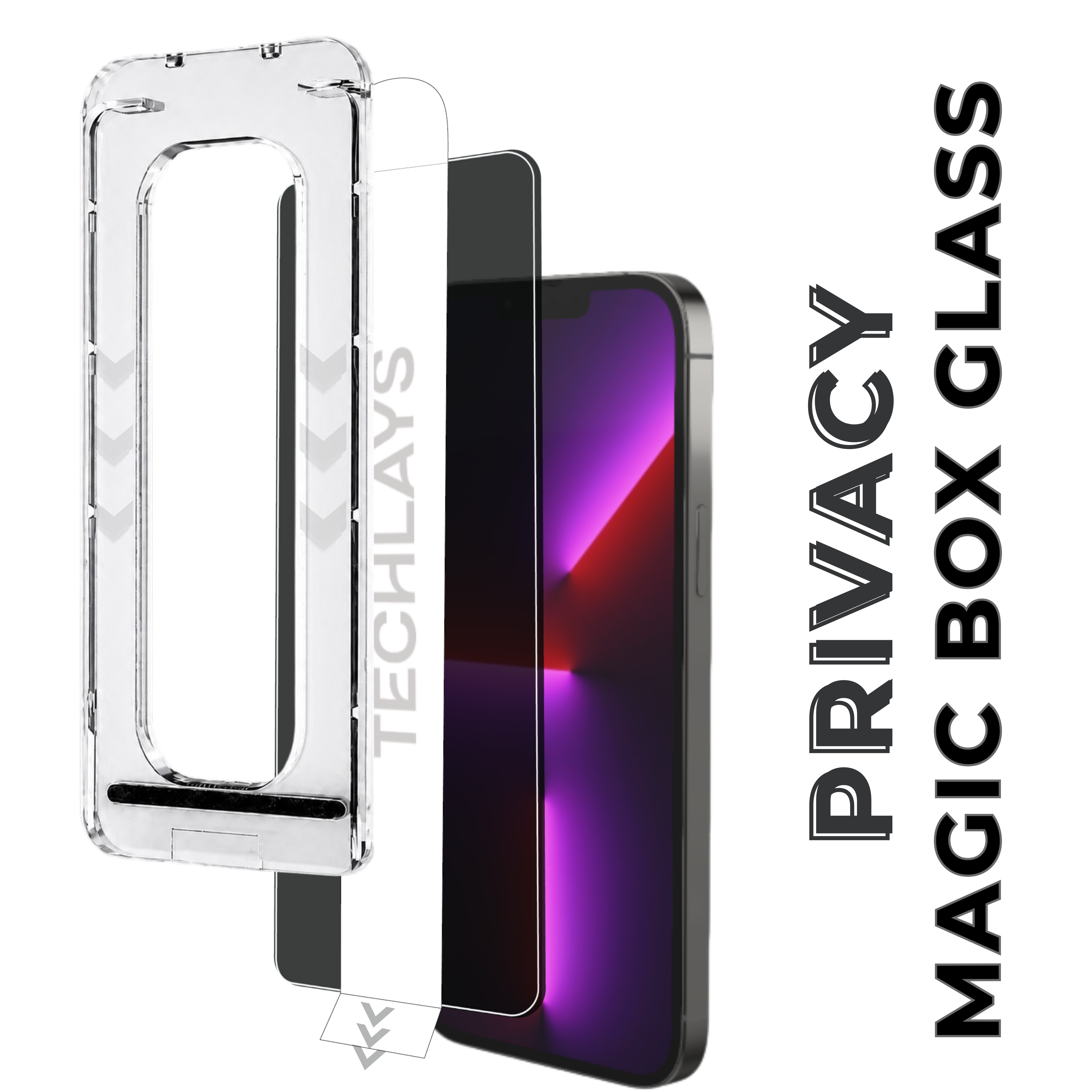 Magic Box Privacy Tempered Glass with Alignment Tray & Nanbo High Aluminium Technology for Iphone 14 Plus