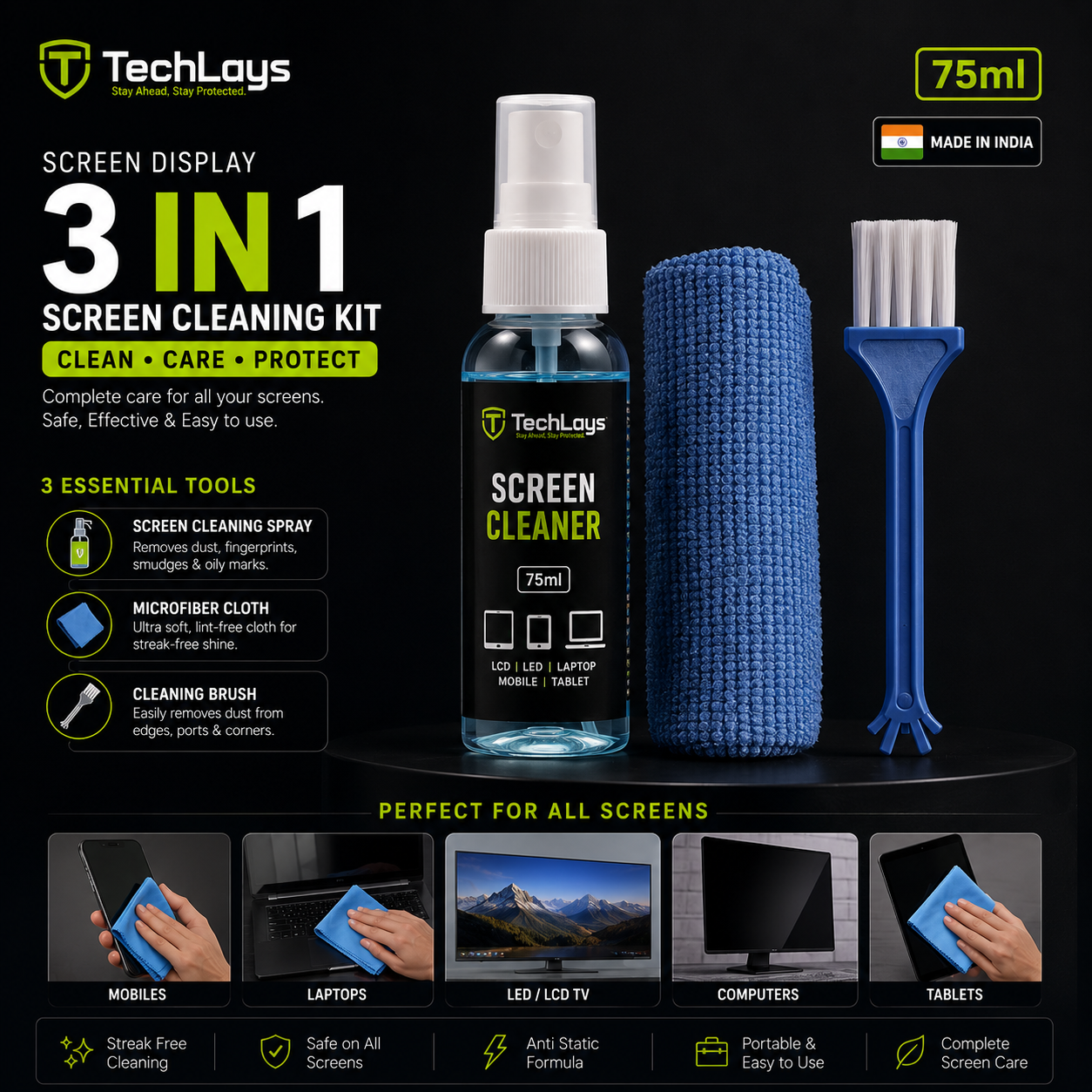 TechLays ScreenCareâ„¢ 3-in-1 Premium Screen Cleaning Kit â€“ 75ml Spray, Cloth & Brush